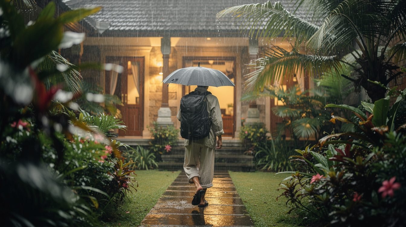 Walking with umbrella during Bali rainy season