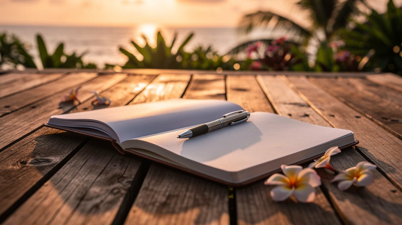 Tropical notebook sunset Bali lifestyle
