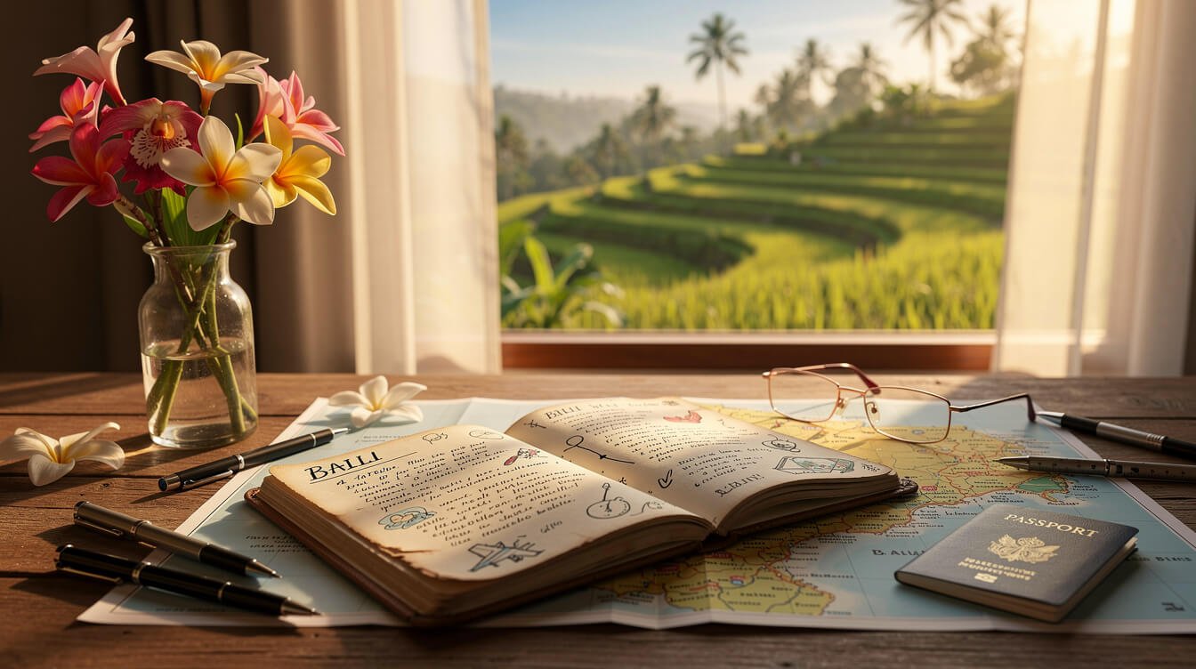 planning a 10-day Bali trip with journal and map