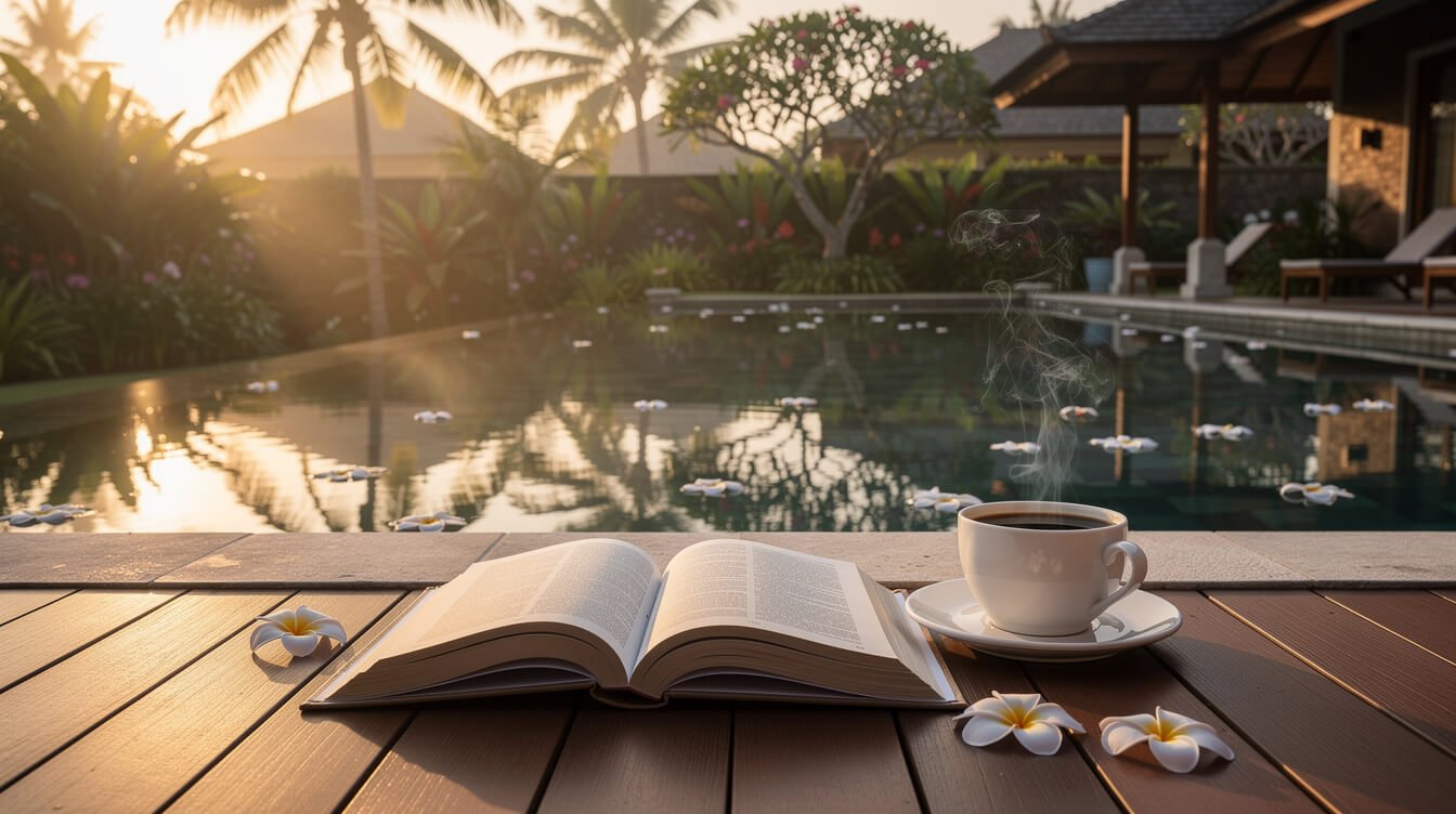 slow morning at a Bali villa pool deck before departure