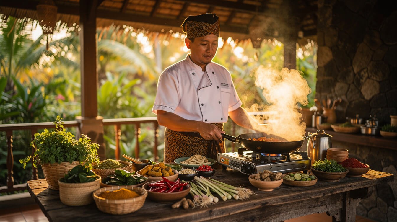 Private chef cooking Balinese cuisine at villa