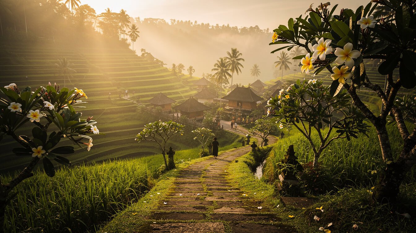 Ubud rice terraces morning mist