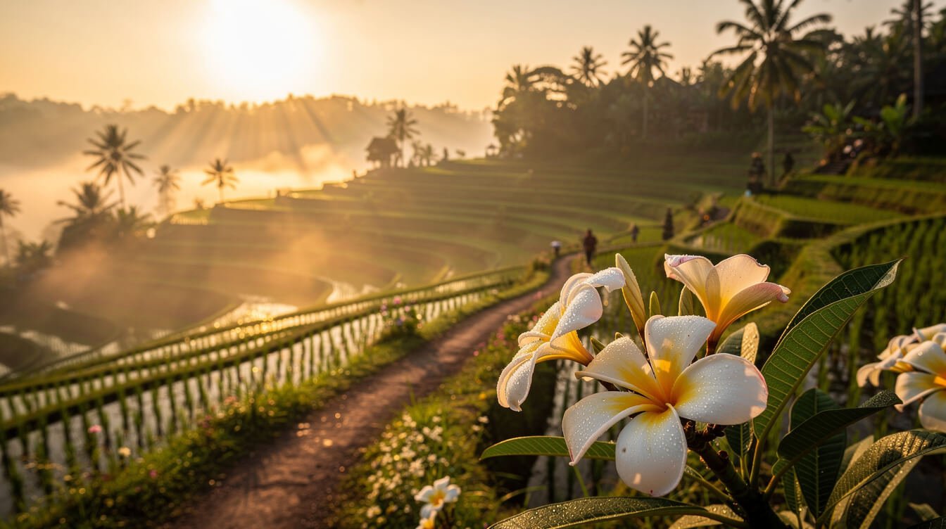 Warm Ubud morning rice terraces sunrise