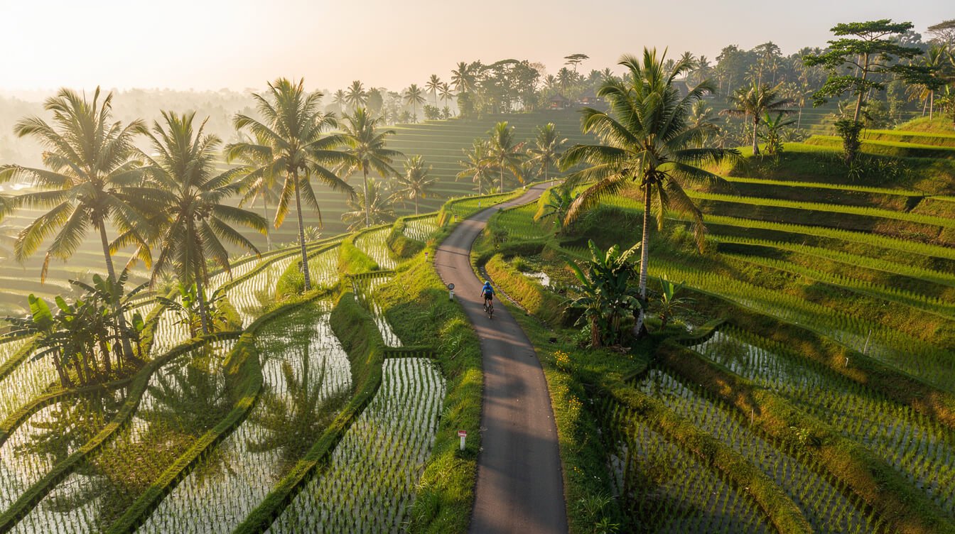 aerial view of cycling route through Bali rice terraces