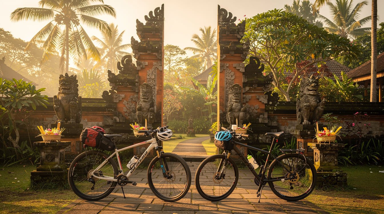 bicycles parked at a Balinese temple gate