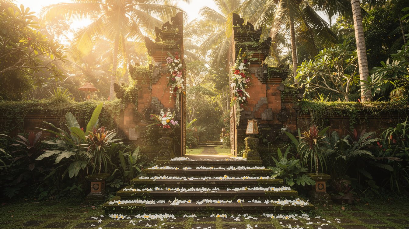 Bali elopement ceremony at ancient temple gate in Ubud