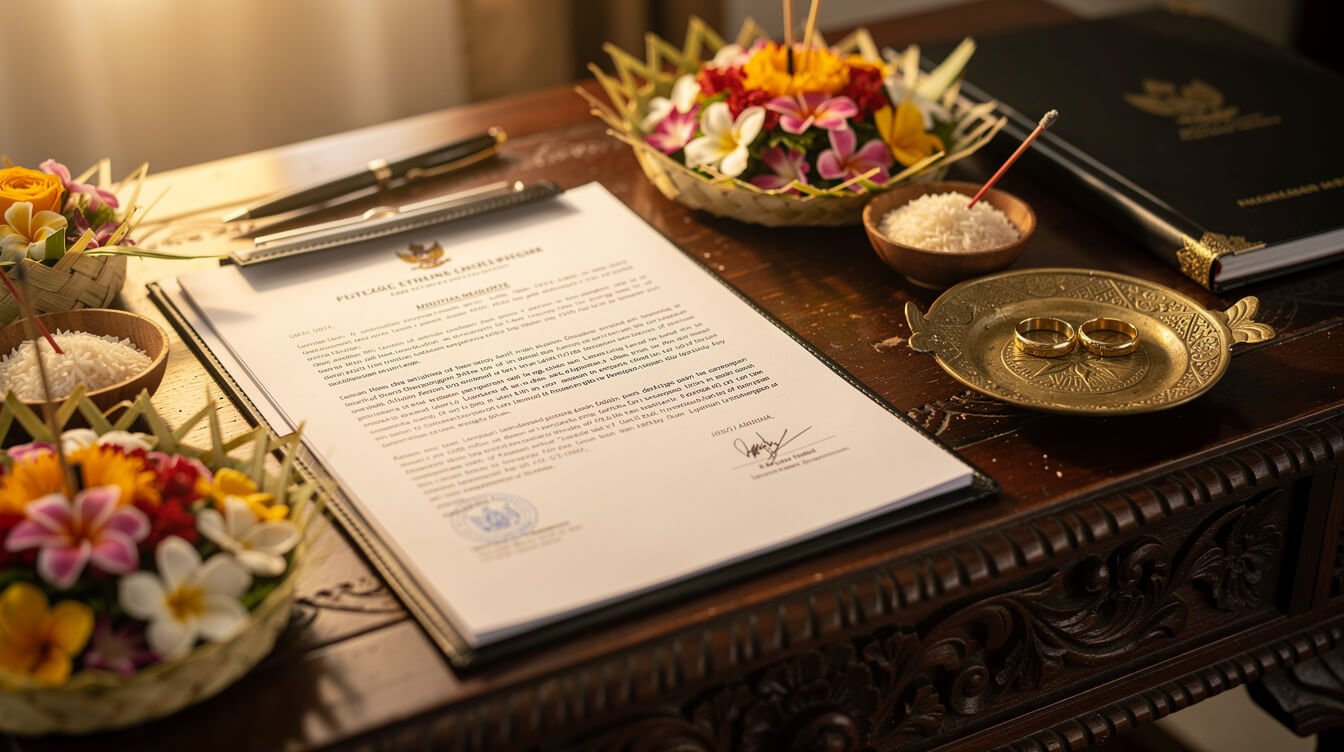 Legal documents and traditional Balinese offerings for a Bali elopement