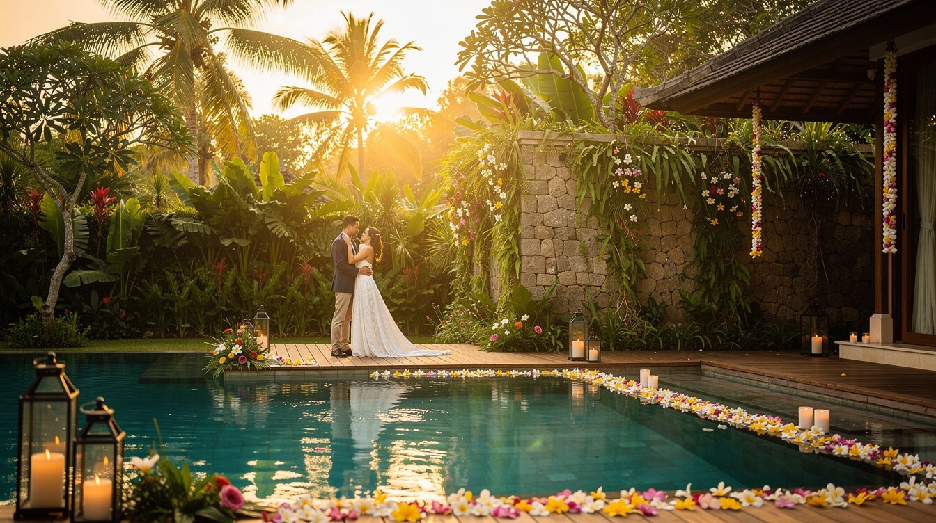 Private villa elopement ceremony in Ubud Bali with tropical flowers