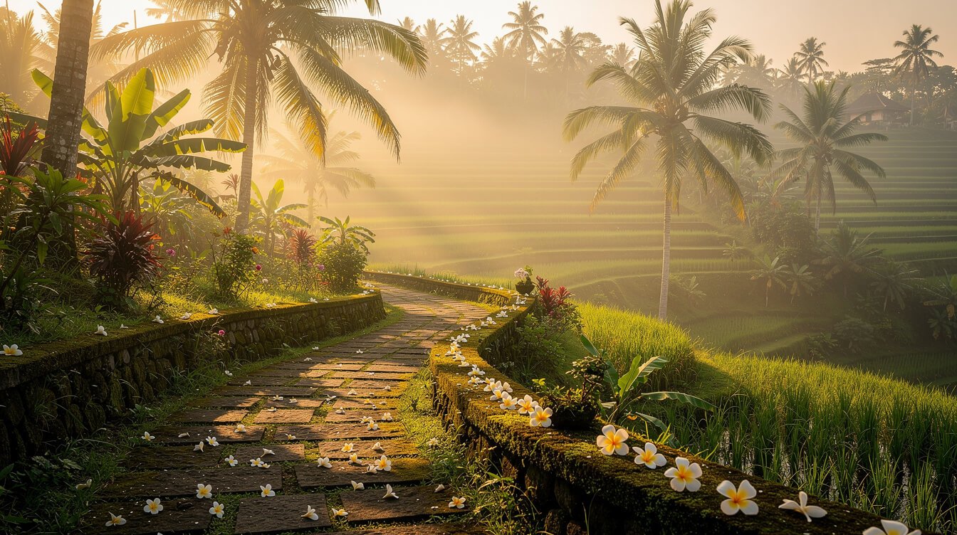 Warm Ubud morning rice terraces mist journey
