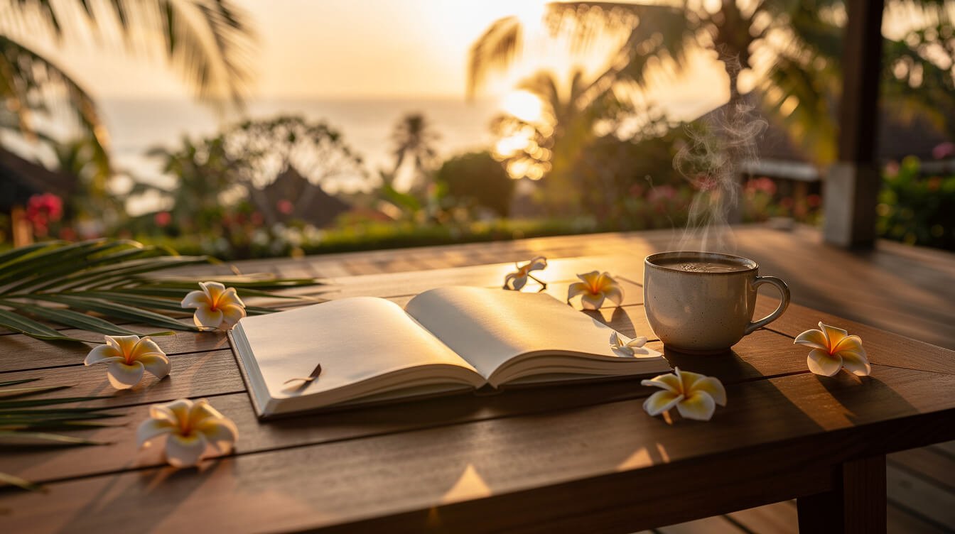 Open notebook on teak table Ubud sunset deck