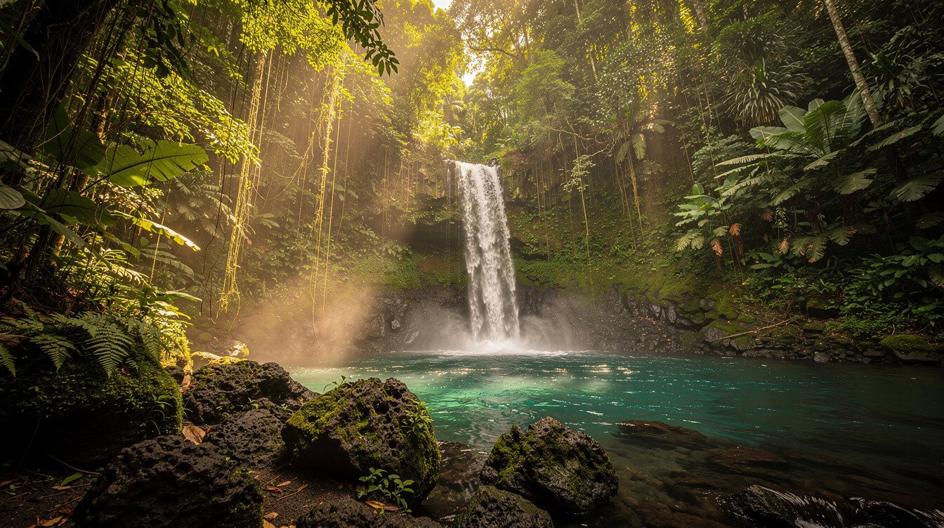 Tropical waterfall in Bali jungle