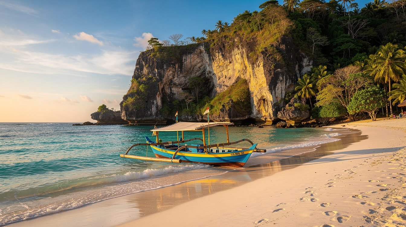 Crystal clear turquoise Bali beach with traditional jukung boat