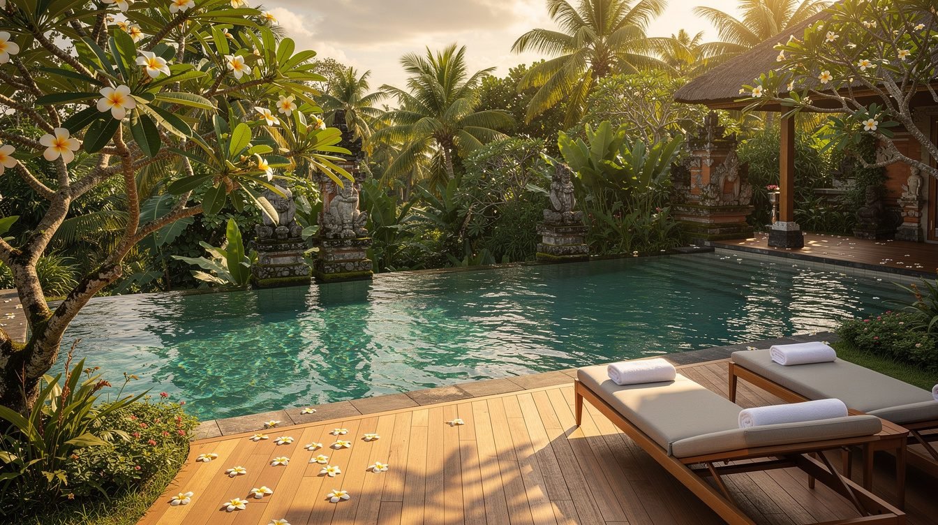 Luxury Bali villa infinity pool surrounded by tropical garden