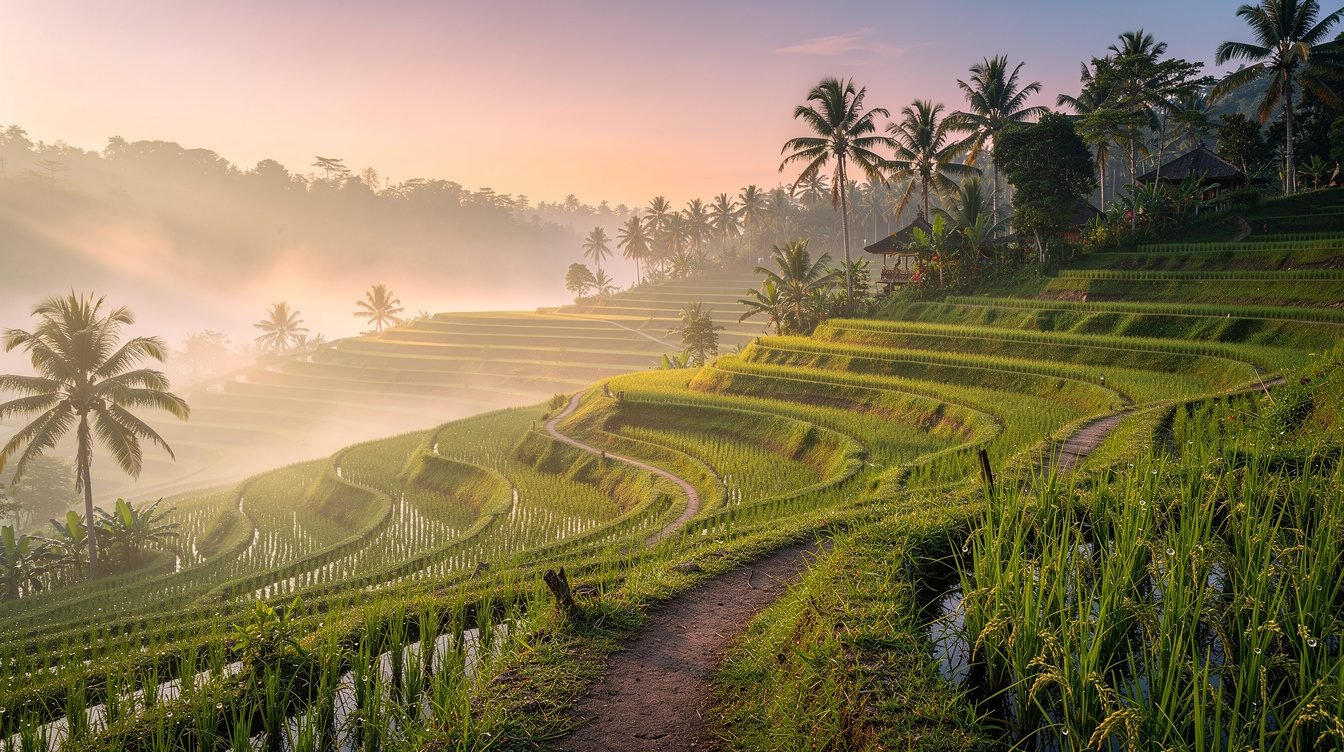 Misty Ubud rice terraces at sunrise