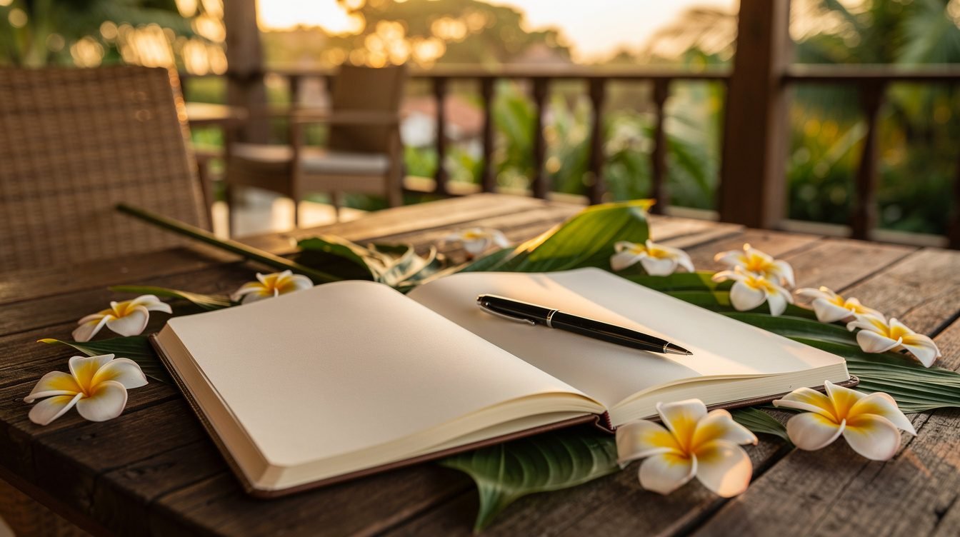 Open notebook with tropical leaves on villa deck