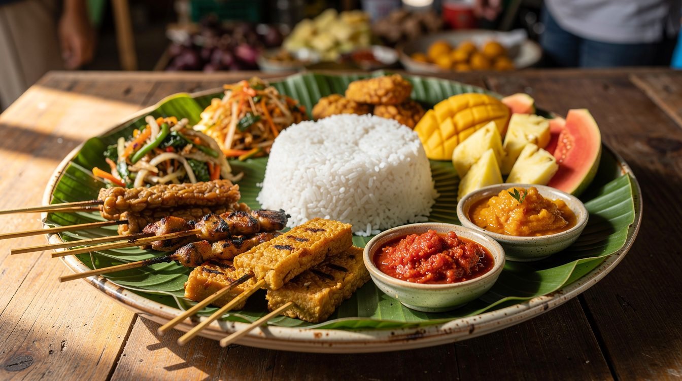Colorful Balinese food spread on banana leaf with satay and sambal