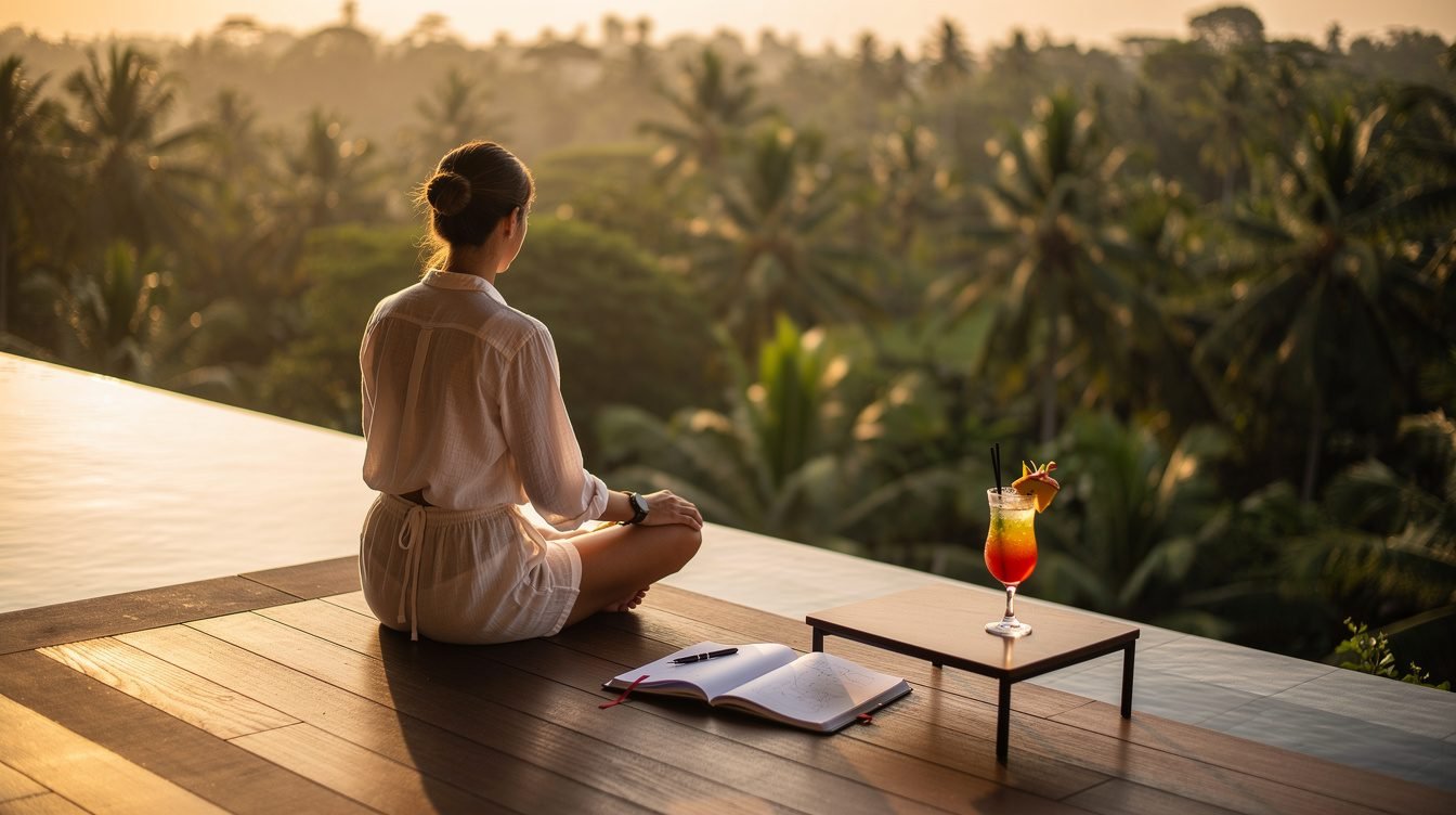 Traveler planning on villa pool deck with Ubud jungle view
