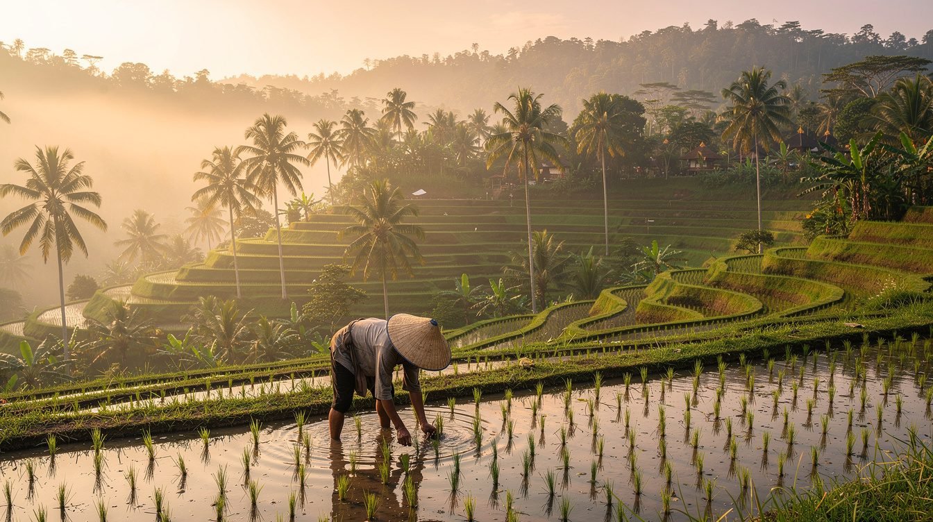 Tegallalang rice terraces in Ubud Bali with morning mist