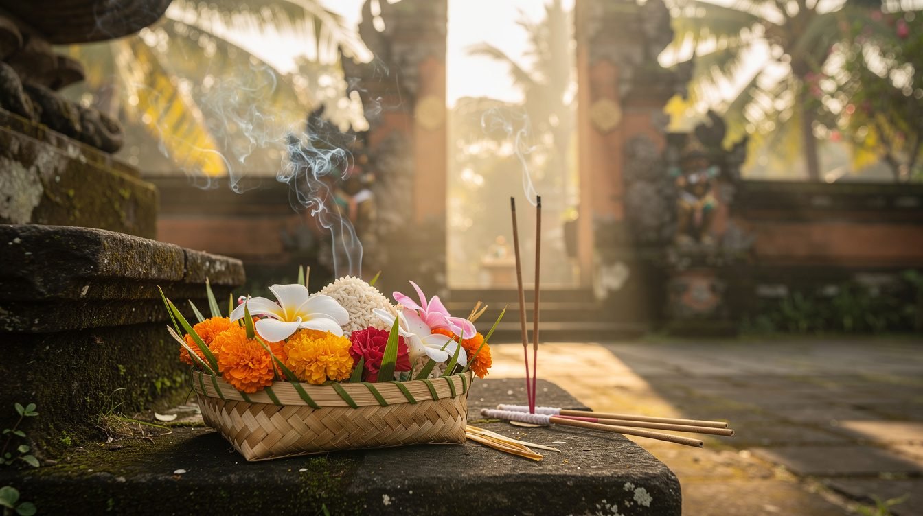 Balinese morning offering canang sari with frangipani flowers and incense