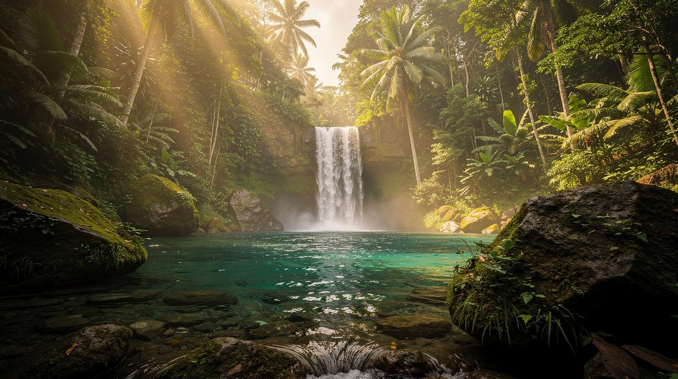 Dramatic Bali waterfall cascading into turquoise natural pool