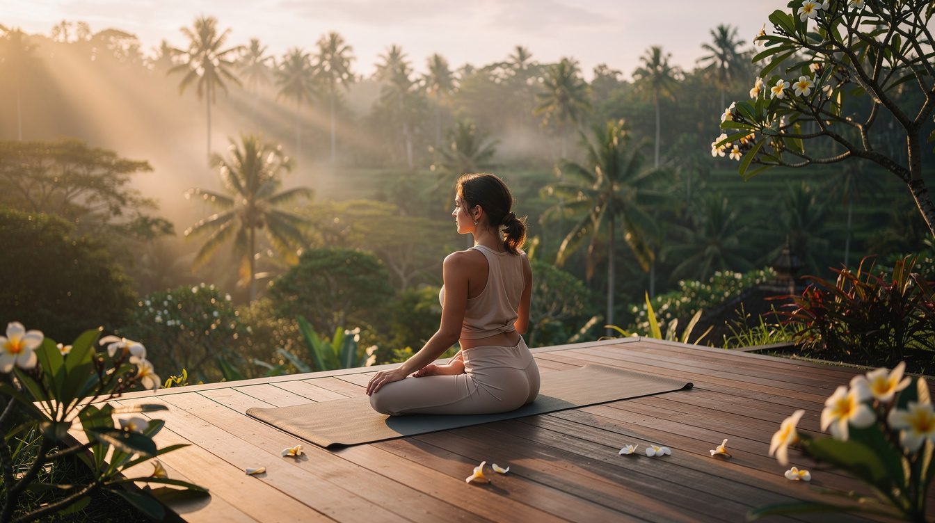 Yoga practice on open-air deck overlooking Ubud jungle valley
