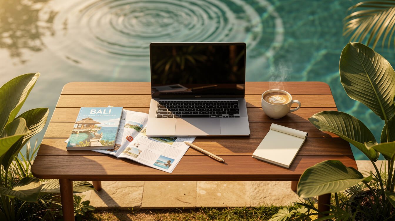 Planning a Bali villa stay with travel notes and coffee