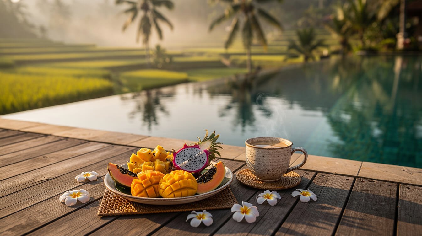 First morning fresh tropical fruit and coffee at an Ubud villa pool deck