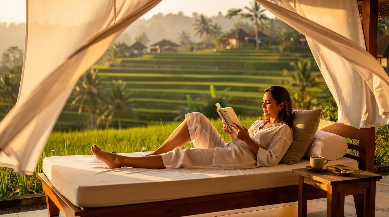 Reading a book on a daybed overlooking Ubud rice terraces at golden hour