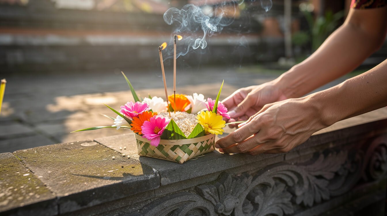 Balinese canang sari offering with flowers and incense