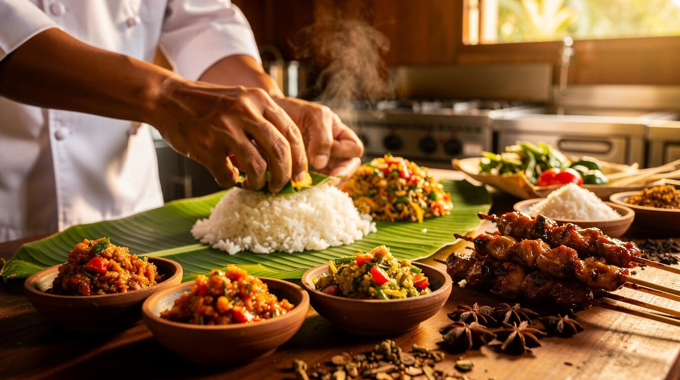 Balinese chef preparing traditional nasi campur at a villa kitchen
