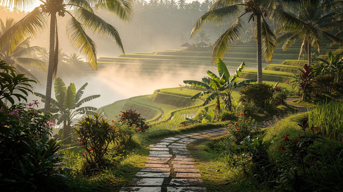 Ubud rice terraces sunrise morning path