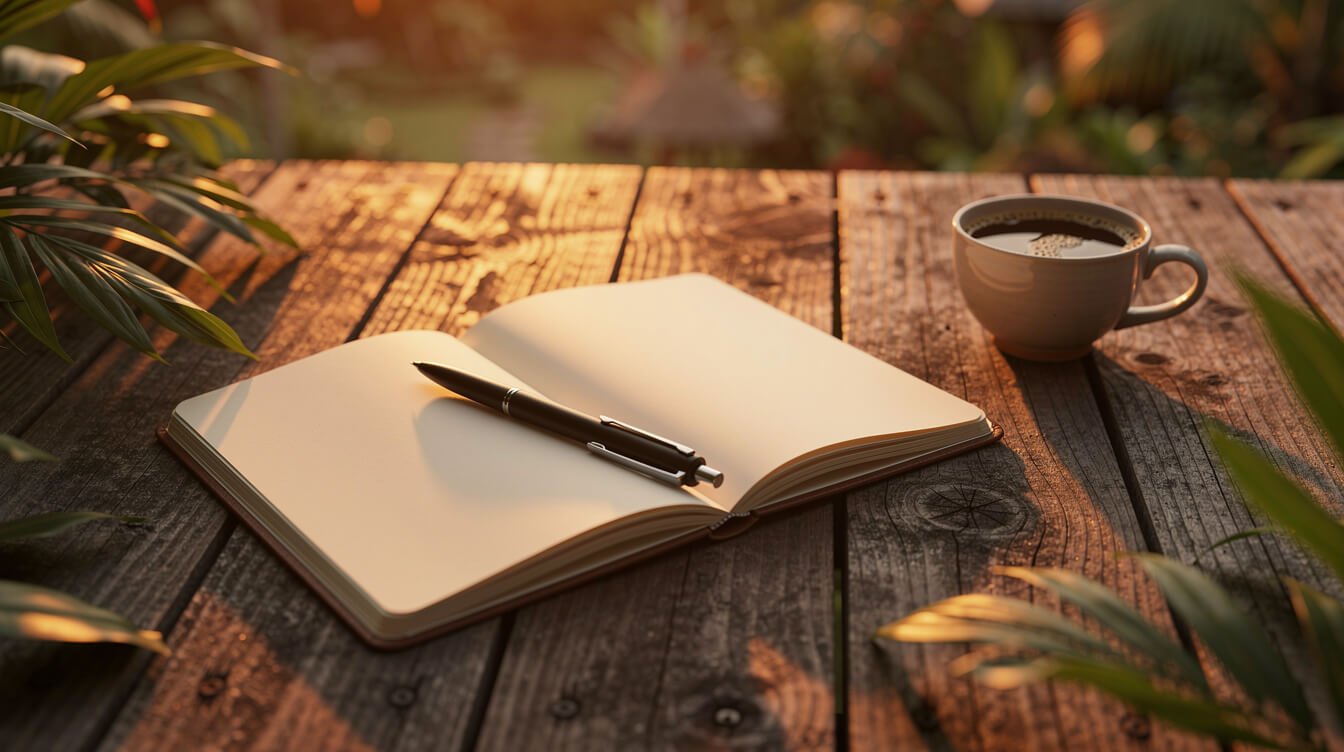 Open notebook with coffee on tropical deck in Ubud