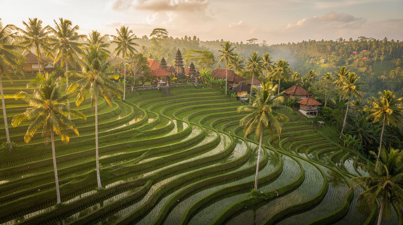 Aerial view of Ubud rice terraces and Balinese village