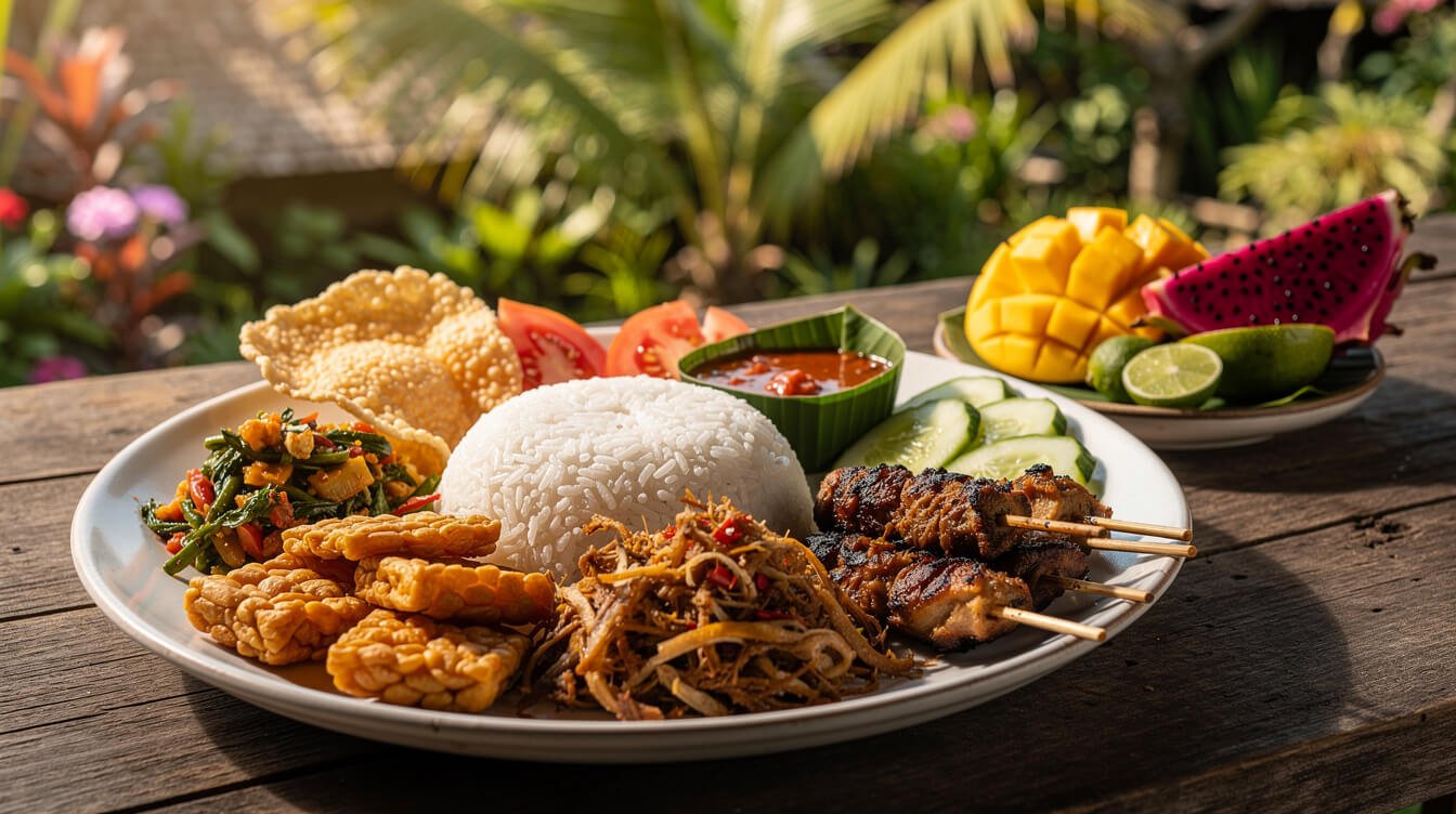 Traditional Balinese nasi campur plate with tropical food