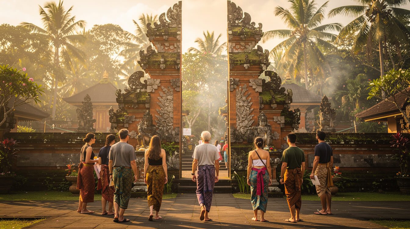 Visitors wearing sarongs entering a Balinese temple