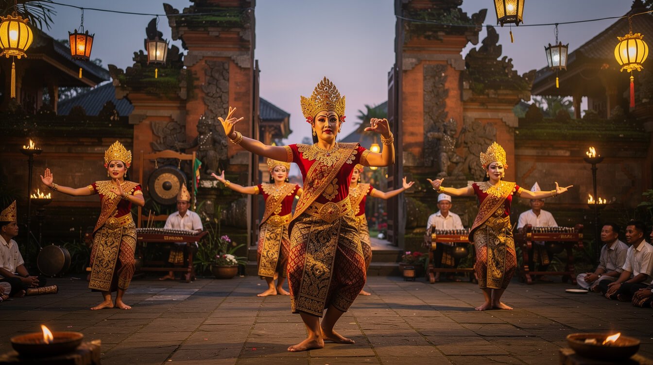 Traditional Balinese dance performance in Ubud temple courtyard
