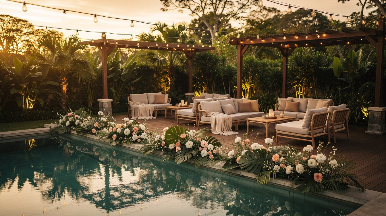 Private Bali villa pool deck decorated for intimate wedding