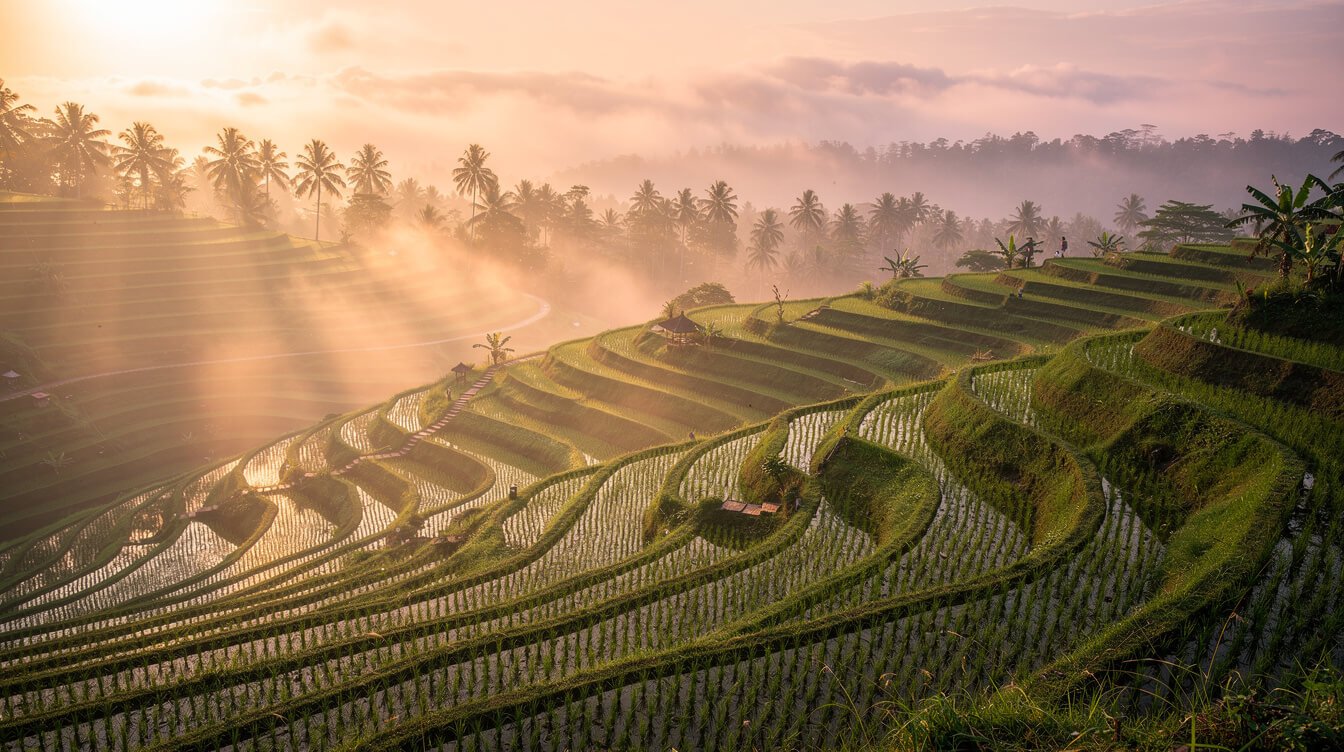 Warm Ubud morning rice terraces sunrise