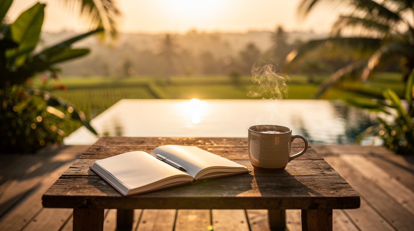 Bali villa terrace with notebook and coffee