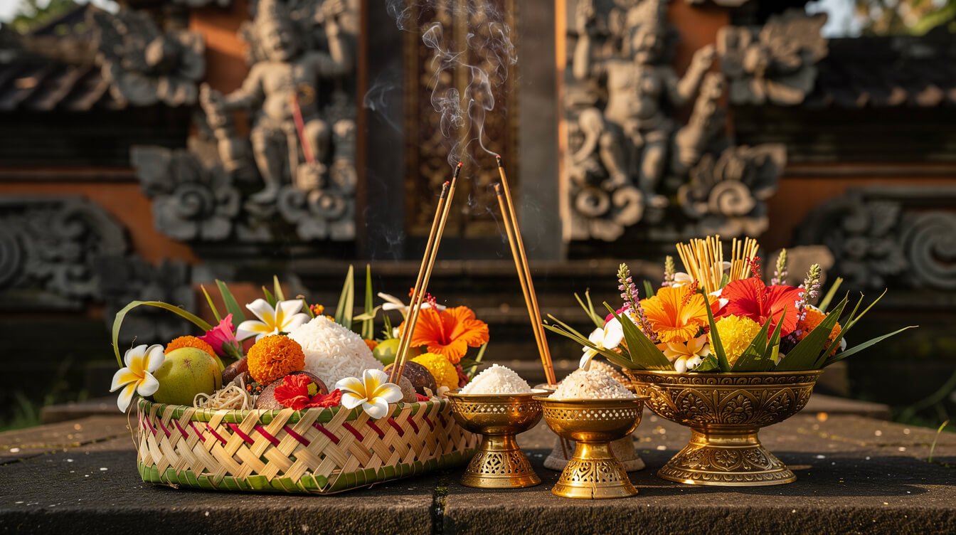 Traditional Balinese ceremony elements with offerings and flowers