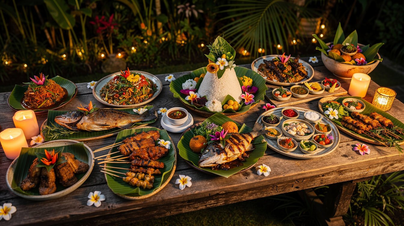Balinese wedding feast table with tropical cuisine