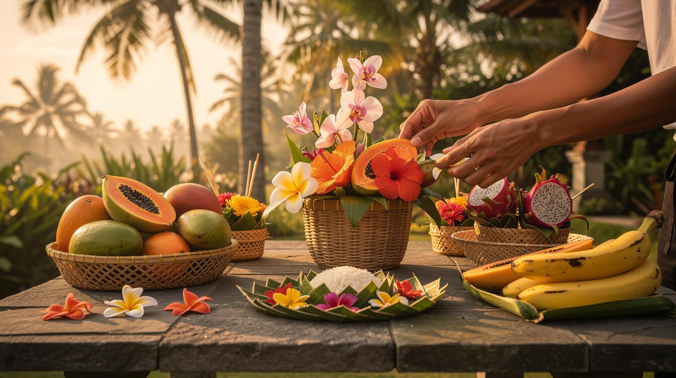 Balinese hospitality wedding preparation with tropical flowers