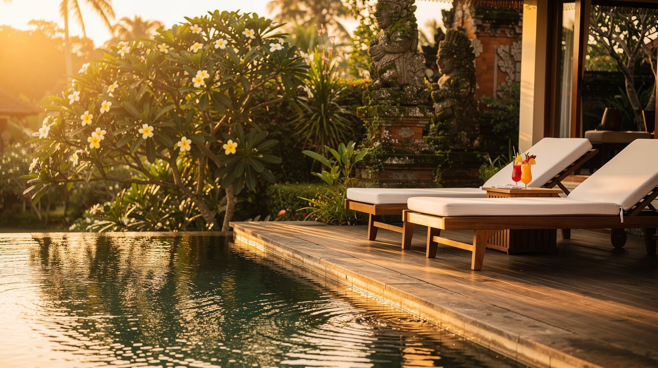 Villa Amrita pool deck at golden hour