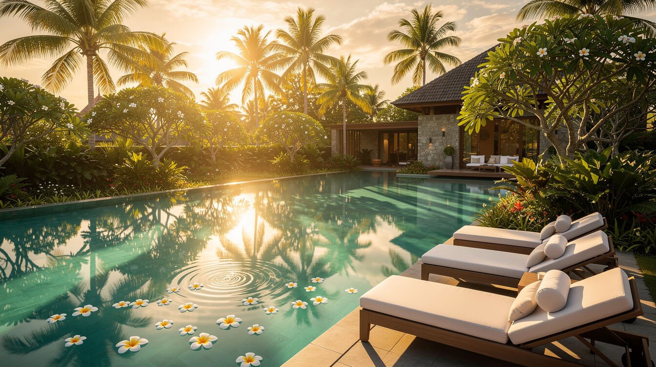 Villa Amrita pool deck golden hour Ubud
