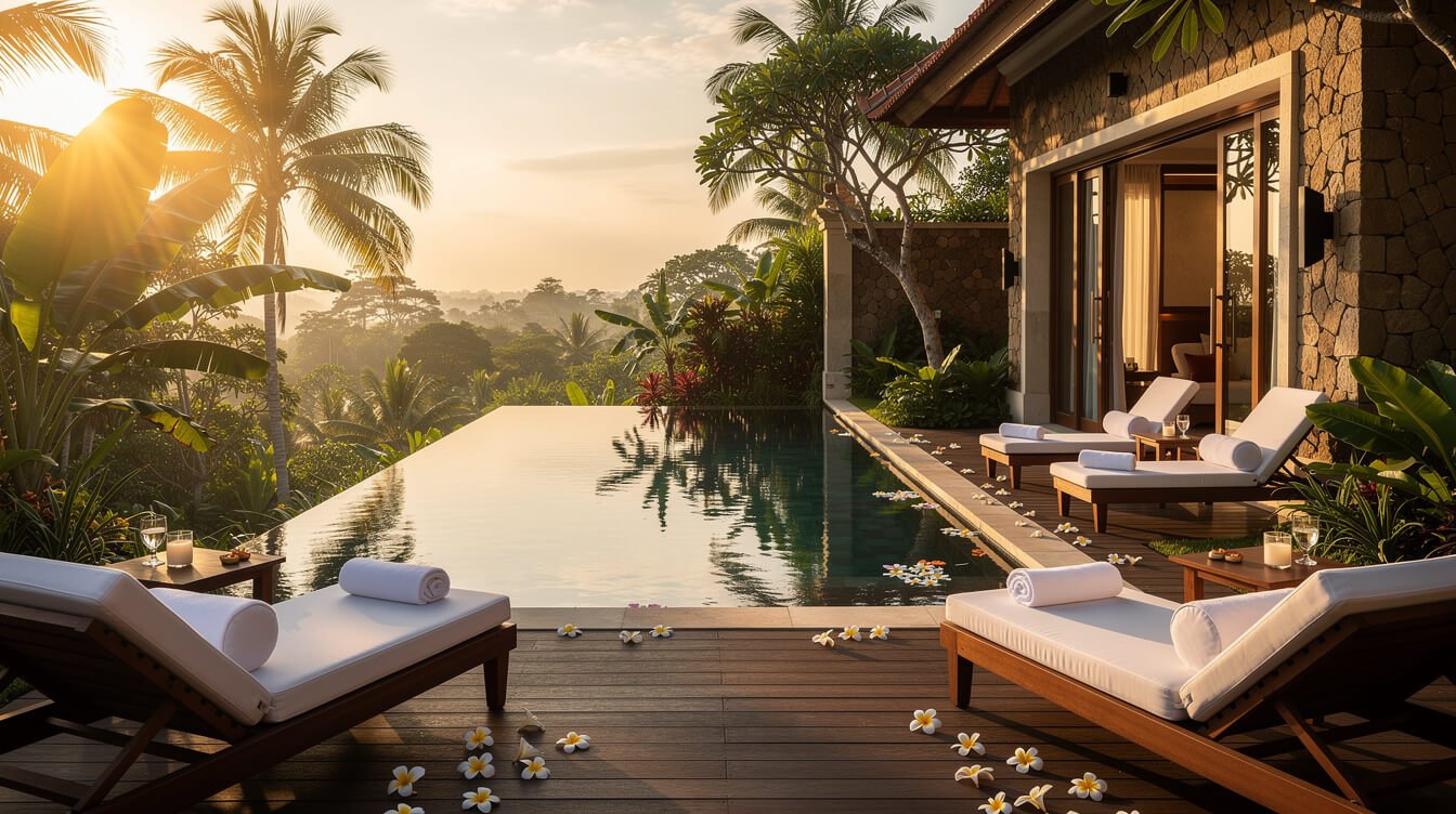Luxury Bali villa pool deck at golden hour