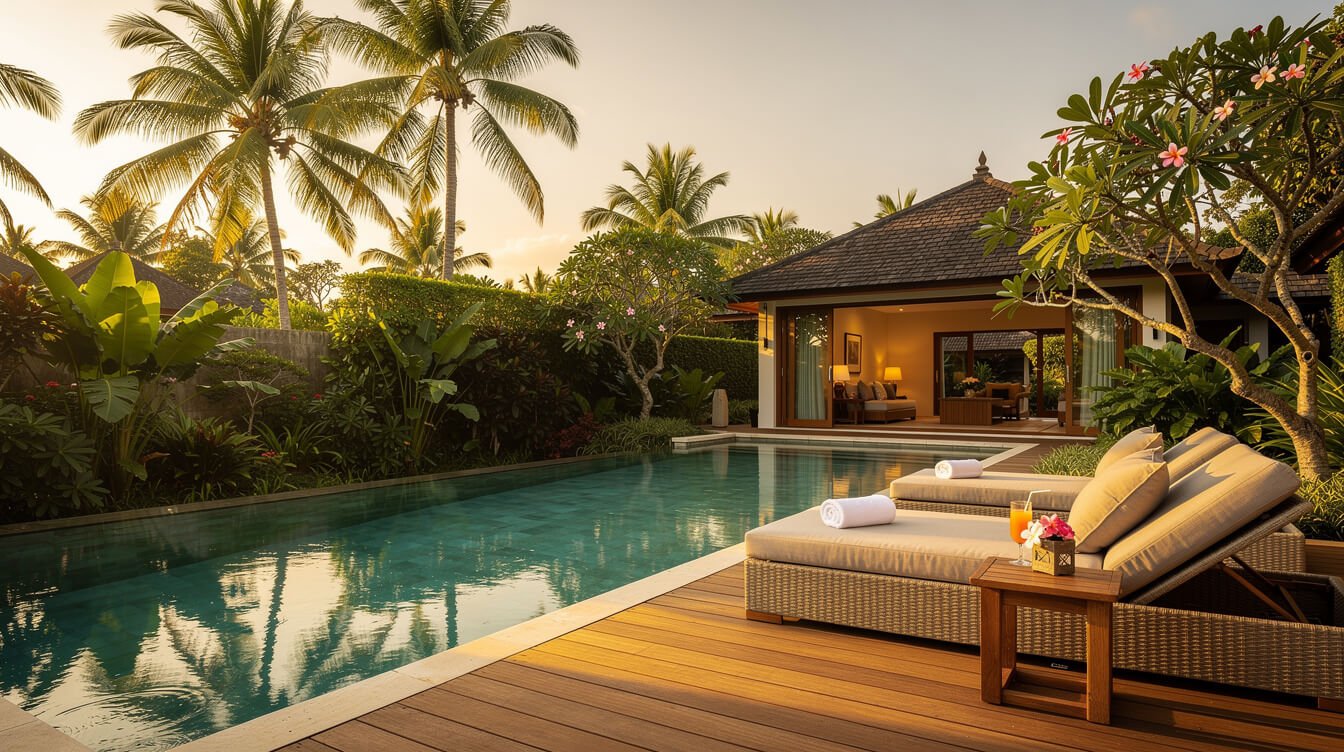 Villa Amrita pool deck at golden hour