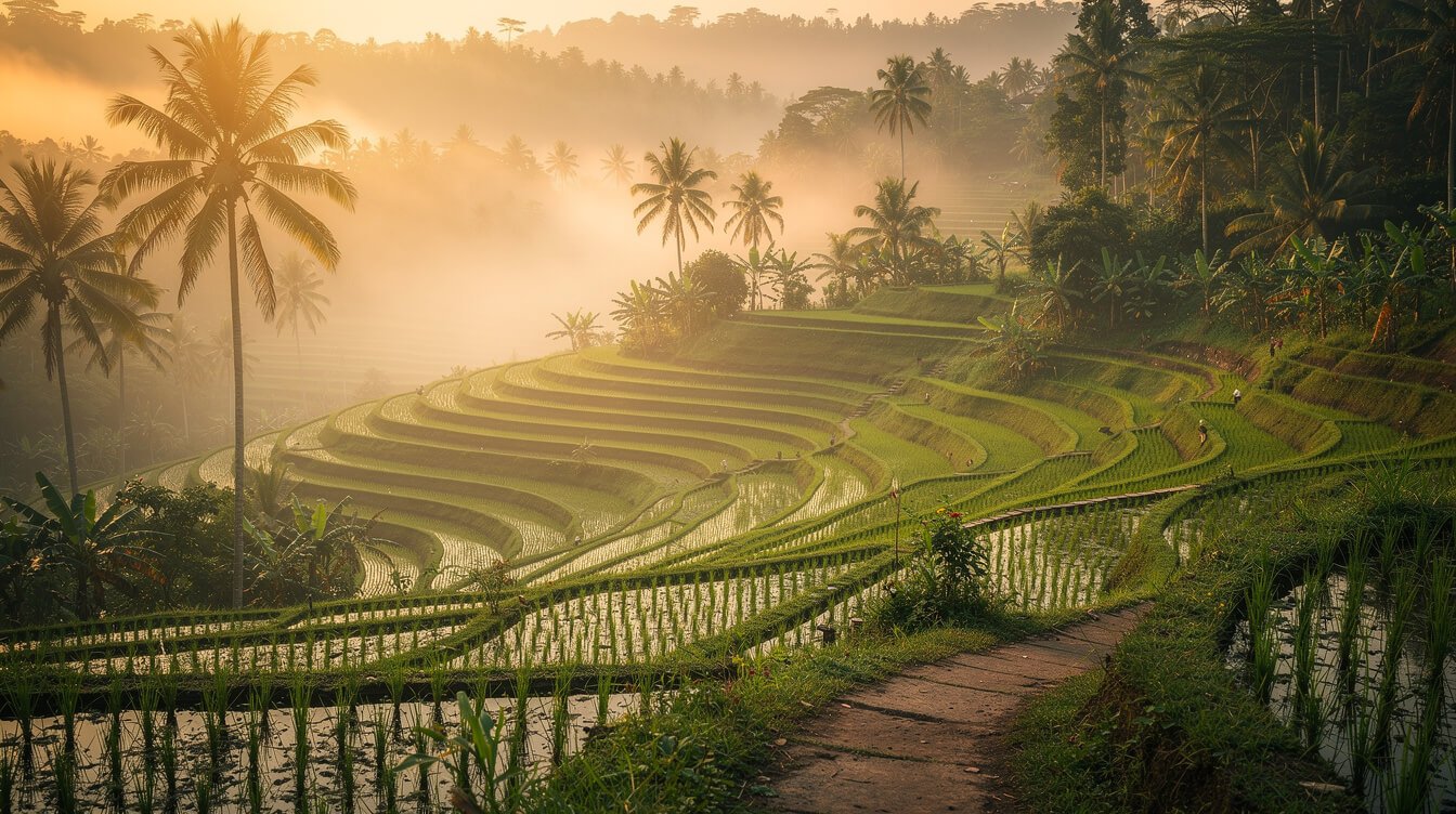 Misty Ubud rice terrace path at sunrise