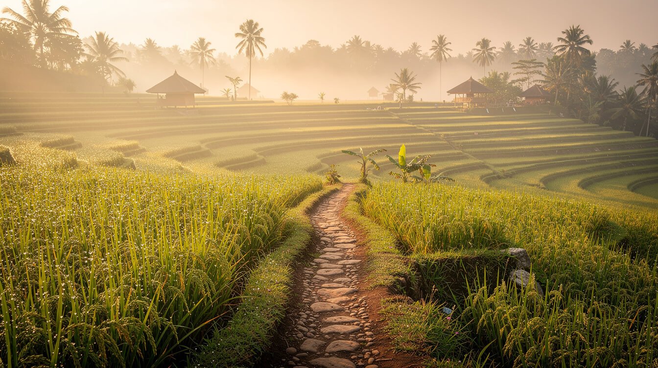 Ubud rice terraces in morning mist