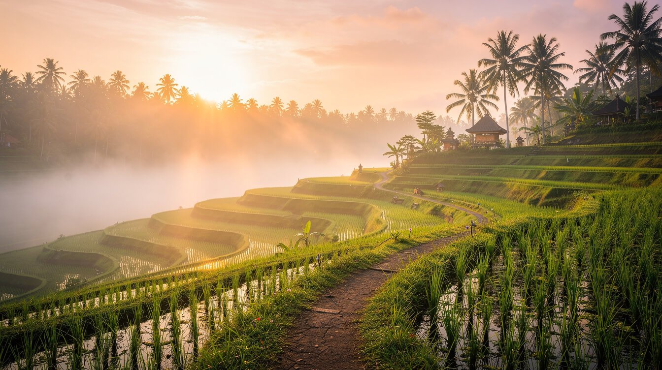 Golden morning light over Ubud rice terraces