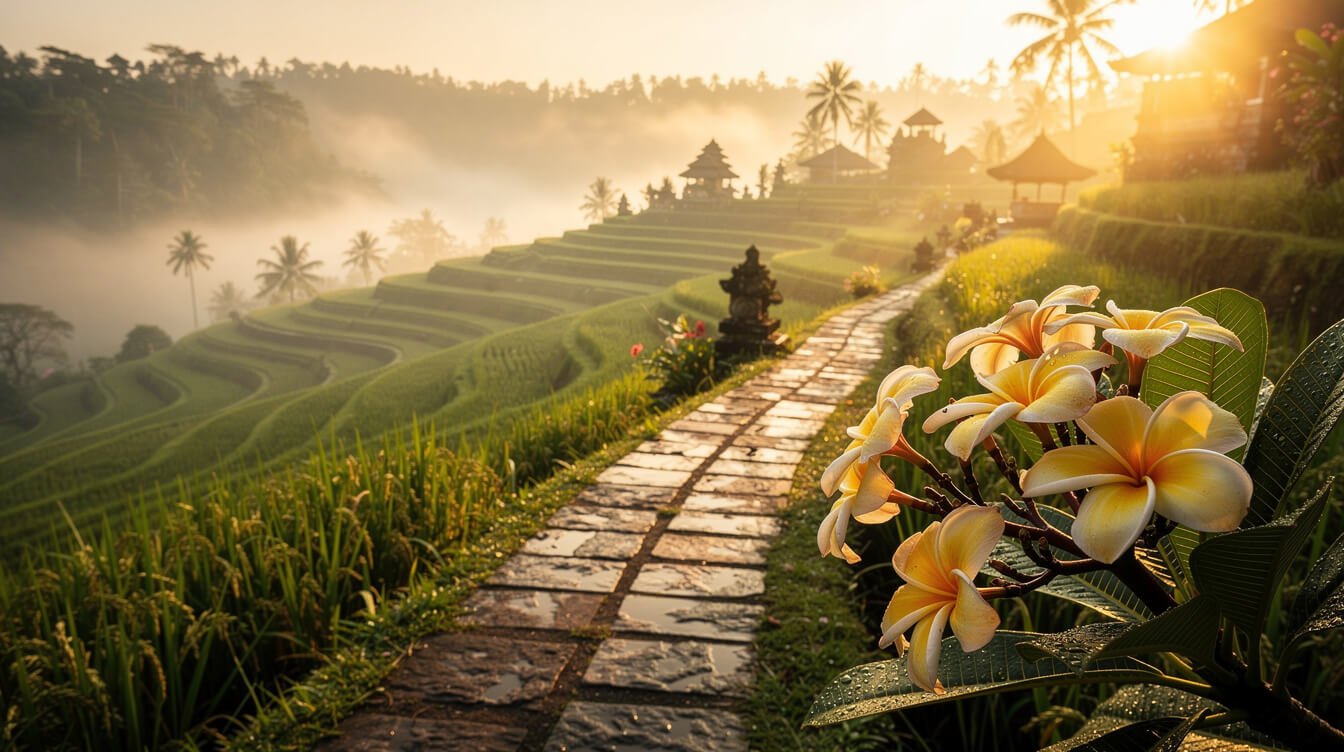 Warm Ubud morning rice terraces sunrise journey